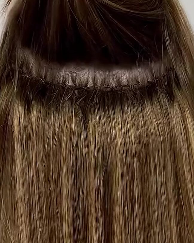 Blended golden blonde lengths with the extension row visible under a lifted section